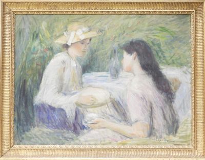 painting of two women sitting on a bed in a room