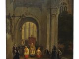 a painting of a group of people sitting around a building