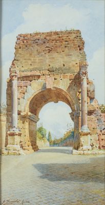 peinture représentant une arche flanquée de colonnes, avec le ciel en arrière-plan