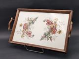 an image of a wooden tray with a picture of flowers on it