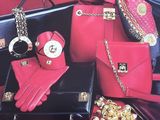 a picture of a bunch of purses and gloves on a table