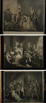 four different pictures of a painting of a man and woman in a room