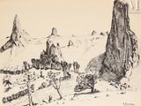 dessin représentant un paysage de montagne avec un groupe de personnes au premier plan et des arbres au premier plan