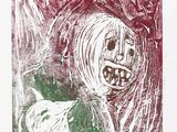 une image représentant un dessin en rouge et vert d'une femme et d'un chat