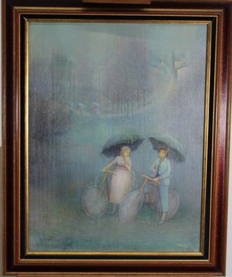 painting of two people with umbrellas walking in the rain