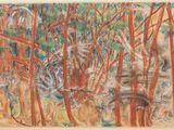 dessin représentant un groupe d'animaux dans une zone boisée, entourés d'arbres