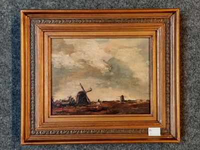 une peinture à l'huile représentant un moulin à vent dans un champ, avec un ciel nuageux en arrière-plan