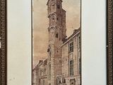painting of an old building with a clock tower in the middle of it