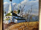 an oil painting of a church in a field with a tree