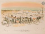 painting of a view of a city with a clock tower in the distance