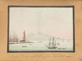 an old picture of a painting of a lighthouse on a body of water