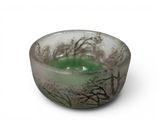 a glass bowl with a green liquid inside of it