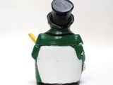 a green and white snowman with a top hat and a pencil