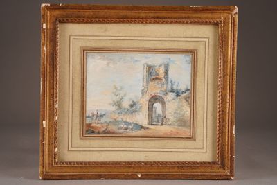 a painting of an old building with a tower in the background