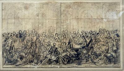 an old drawing of a large group of people in a room