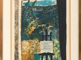 painting of a man playing a piano in front of a window