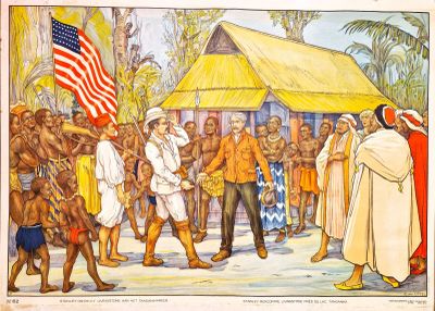 an illustration of a painting of a group of people standing in front of a building
