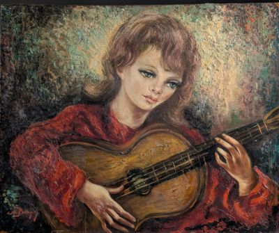 tableau représentant une femme en robe rouge avec une guitare