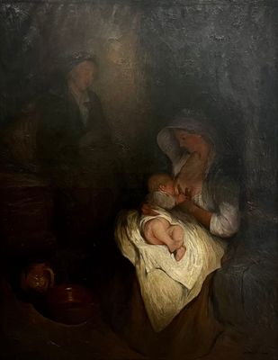 tableau représentant une femme tenant un bébé dans une crèche, à côté d'un pot