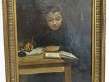 an oil painting of a boy writing at a table with a pen