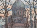an oil painting of a building surrounded by trees on a snowy day