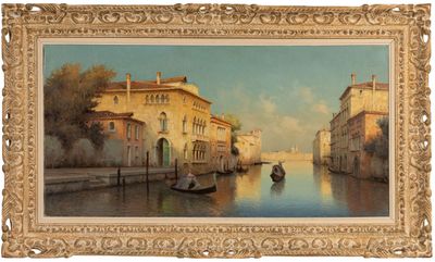 une image représentant un tableau où l'on voit un canal avec une gondole au premier plan