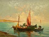 une peinture représentant un bateau sur un plan d'eau
