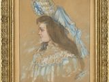 painting of a woman in a blue dress with a blue hat