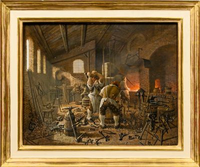 an oil painting of two men working in a blacksmith shop