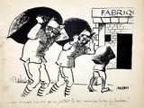 a black and white drawing of a man holding an umbrella