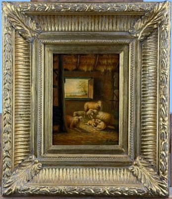 an oil painting of sheep and lambs in a stable by a window