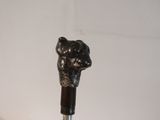 someone is holding a walking stick with a bear head on it