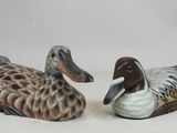 deux canards en céramique assis l'un à côté de l'autre sur une surface blanche