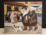 un tableau représentant deux personnes et un chien dans la rue
