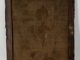 painting of a man in a hat with a cane by a wall