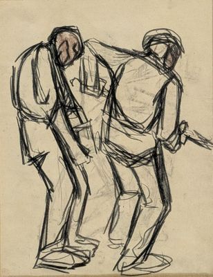 dessin représentant deux hommes debout l'un à côté de l'autre, dont l'un tient un couteau