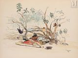 tableau représentant un groupe d'oiseaux posés sur une couverture sous un arbre