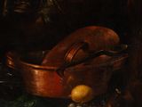 a painting of a copper pan with a spoon and a lemon