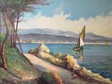 a painting of a sailboat on the water by the shore