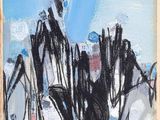 an image of a painting of a black and white bird on a blue sky