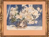 a painting of flowers in a vase on a table