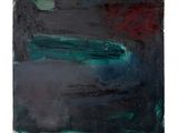 an abstract painting with black, green and red colors on a white background