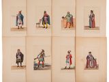 six different colored engravings of men and women in period clothing