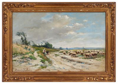 une peinture à l'huile représentant un homme marchant sur un chemin de terre avec un troupeau de moutons