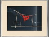an image of a painting of a red cloth hanging on a clothes line