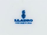 a close up of a blue and white plate with a logo on it