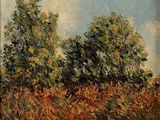 une peinture à l'huile d'un champ avec des arbres en arrière-plan