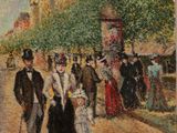 an oil painting of a group of people walking down a street