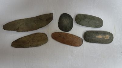plusieurs morceaux de pierre sont disposés en rangée sur une surface blanche