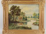 an oil painting of a river scene with a house and trees